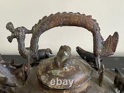 Antique Chinese Large Footed Bronze Dragon Spout Teapot Kettle Decorated with An