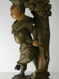 Antique Chinese Large Polychrome Carved Wood Statue Figural Lamp, Circa 1900