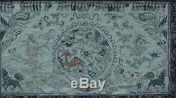 Antique Chinese Large Silk Embroidery Panel With Dear, Crane, Phoenix &foo-lions