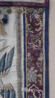 Antique Chinese Large Silk Embroidery Panel With Dear, Crane, Phoenix &foo-lions