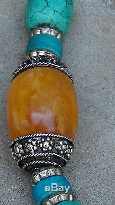 Antique Chinese Large Turquiose, Amber, Colored Bone Necklace Pendant