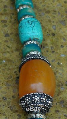 Antique Chinese Large Turquiose, Amber, Colored Bone Necklace Pendant