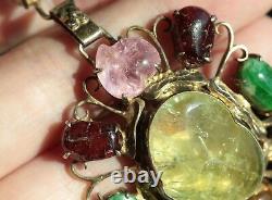 Antique Chinese Large Yellow Pink Blue Tourmaline Jade Sterling Silver Bracelet