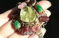 Antique Chinese Large Yellow Pink Blue Tourmaline Jade Sterling Silver Bracelet