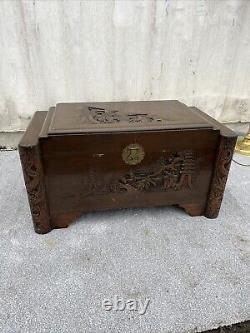 Antique Chinese Oriental carved large wooden kist Cedar Wood