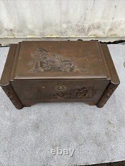 Antique Chinese Oriental carved large wooden kist Cedar Wood