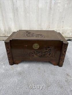 Antique Chinese Oriental carved large wooden kist Cedar Wood