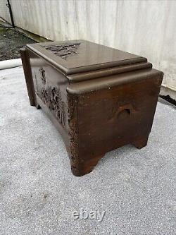 Antique Chinese Oriental carved large wooden kist Cedar Wood