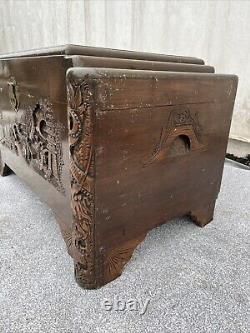 Antique Chinese Oriental carved large wooden kist Cedar Wood