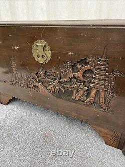 Antique Chinese Oriental carved large wooden kist Cedar Wood