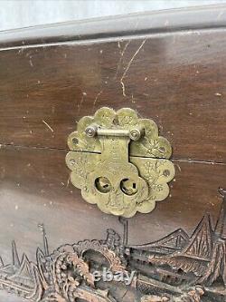 Antique Chinese Oriental carved large wooden kist Cedar Wood