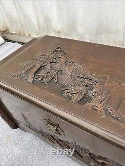 Antique Chinese Oriental carved large wooden kist Cedar Wood