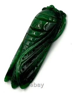 Antique Chinese Pendant Art Deco Imperial Jade Large Cicada Insect Hand Carved