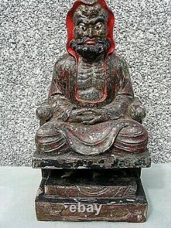 Antique Chinese Polychrome Wooden Carved Temple Figure Large