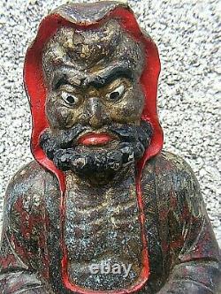 Antique Chinese Polychrome Wooden Carved Temple Figure Large