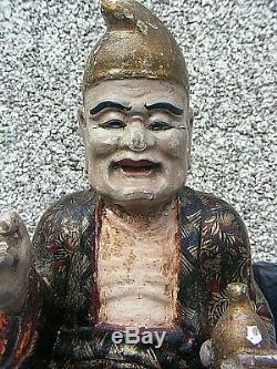 Antique Chinese Polychrome Wooden Carved Temple Figure Large