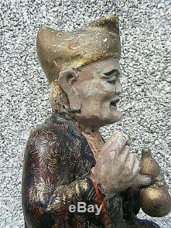 Antique Chinese Polychrome Wooden Carved Temple Figure Large