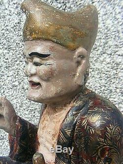 Antique Chinese Polychrome Wooden Carved Temple Figure Large