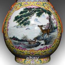 Antique Chinese Qing Dynasty KangXi Famille Rose Large Deer Porcelain Vase 15.5