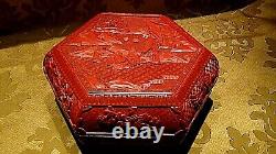 Antique Chinese Red Lacquer Large Cinnabar Immortals On Landscape Octaqgonal Box