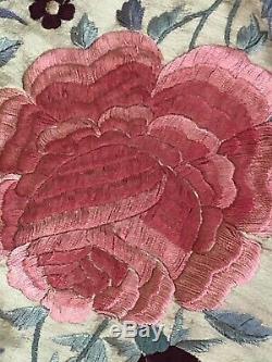 Antique Chinese Silk Hand Embroidered Canton Piano Shawl Embroidery LARGE FLOWER