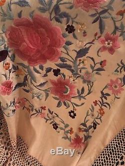 Antique Chinese Silk Hand Embroidered Canton Piano Shawl Embroidery LARGE FLOWER