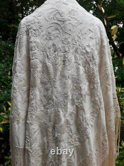 Antique Chinese Silk Hand Embroidered Shawl, Large Size