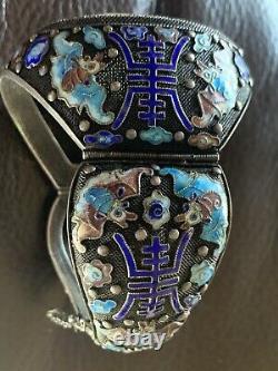 Antique Chinese Silver Filigree Enamel Bracelet with Large Jade Inset