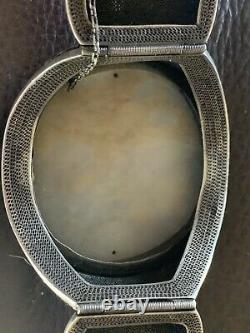 Antique Chinese Silver Filigree Enamel Bracelet with Large Jade Inset