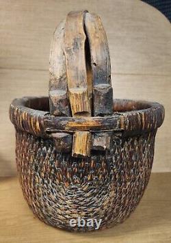Antique Chinese Willow Basket With Handle Woven 16 Large