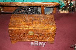 Antique Chinese Wood Carved Large Storage Chest Trunk Dragons Men Detailed