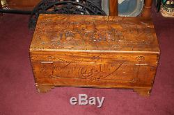 Antique Chinese Wood Carved Large Storage Chest Trunk Dragons Men Detailed