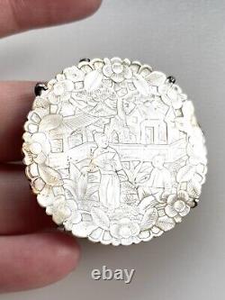 Antique Chinese carved mother of pearl chip 925 Silver large brooch pin Monogram