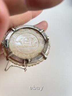 Antique Chinese carved mother of pearl chip 925 Silver large brooch pin Monogram