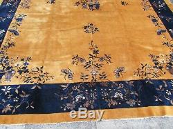 Antique Hand Made ArtDeco Chinese Oriental Gold Blue Wool Large Carpet 383x305cm