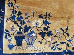 Antique Hand Made ArtDeco Chinese Oriental Gold Blue Wool Large Carpet 383x305cm