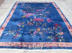 Antique Hand Made ArtDeco Chinese Oriental Navy Blue Wool Large Carpet 292x242cm