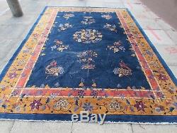Antique Hand Made Art Deco Chinese Carpet Blue Gold Wool Large Carpet 340x244cm