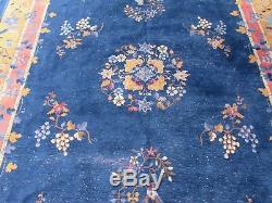 Antique Hand Made Art Deco Chinese Carpet Blue Gold Wool Large Carpet 340x244cm