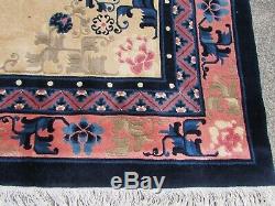 Antique Hand Made Art Deco Chinese Oriental Beige Blue Wool Large Rug 275x185cm