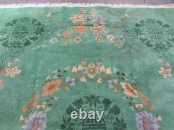 Antique Hand Made Art Deco Chinese Oriental Green Wool Large Carpet 317x274cm