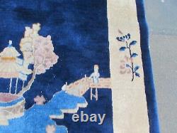 Antique Hand Made Art Deco Chinese Oriental Navy Blue Wool Large Rug 206x123cm