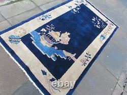 Antique Hand Made Art Deco Chinese Oriental Navy Blue Wool Large Rug 206x123cm