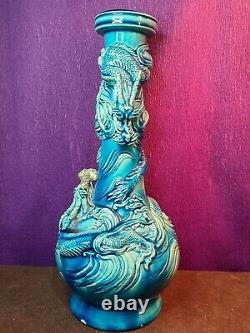 Antique Japanese Awaji Turquoise Glaze Dragon Figural Vase