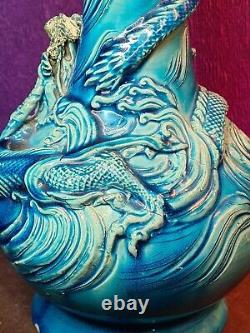 Antique Japanese Awaji Turquoise Glaze Dragon Figural Vase