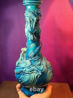 Antique Japanese Awaji Turquoise Glaze Dragon Figural Vase
