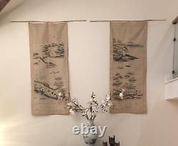Antique Japanese Chinese Silk Embroidered Panels Pair large Oriental hand-sewn