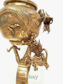 Antique Large 39´´ Signed Asian Chinese Bronze Dragon Figural Banquet Oil Lamp