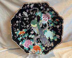 Antique Large 44cm Octagonal Chinese Famille Noire Plate Peacock Peony Blossom