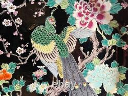 Antique Large 44cm Octagonal Chinese Famille Noire Plate Peacock Peony Blossom
